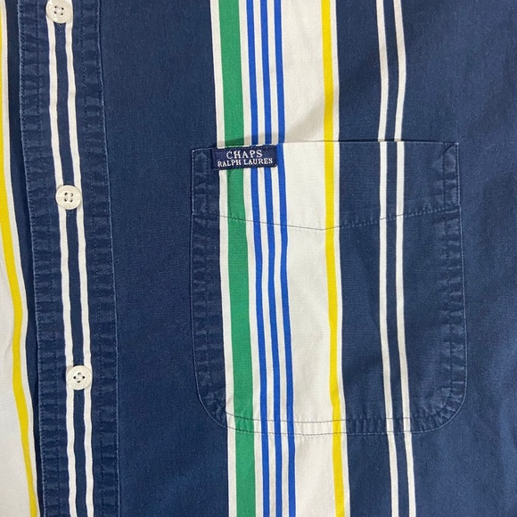 Chaps Ralph Lauren Men’s Striped Button Down Short Sleeve Navy Blue Shirt Large - Picture 5 of 8